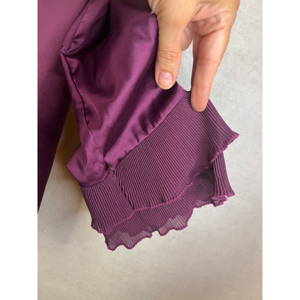 Women's M purple button up blouse pleated cuff ruffle long sleeve satin Boho - Picture 3 of 8